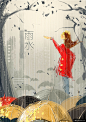 墨色树木彩色雨伞淋雨红衣女孩享受时光童话梦境插画模板模板平面设计