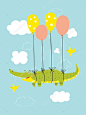 可爱的鳄鱼在气球在天上飞。矢量图的明信片、 版画、 海报、 设计、 贴纸
