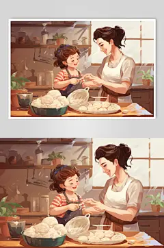 AI数字艺术冬至卡通一家人包饺子插画