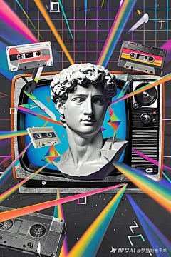 复古未来主义作品，复古磁带和波普艺术，低保真噪点滤镜。老式显像管电视，黑白配色和镭射材质配色。镭射渐变的大卫雕像。网格背景，折纸，大师作品。