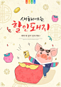 韩国简约创意新春福袋包裹天降金币2019新年猪年手绘插图插画AI-淘宝网