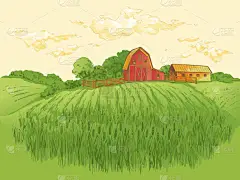 农村景观田小麦。手绘向量农村景观雕刻风格例证.