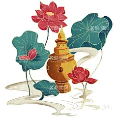 卡通手绘杭州地标插画免抠图  - 源文件下载【酷图网】三潭印月,红莲,荷花,荷叶,杭州地标,卡通,手绘,插画,免抠图,