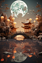 庭院3D立体中国风中秋节赏月古建筑背景图