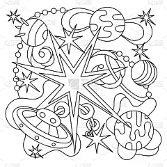 为成人和年龄稍大一点的儿童涂色书页。空间的主题。恒星，行星，星系，外星飞船