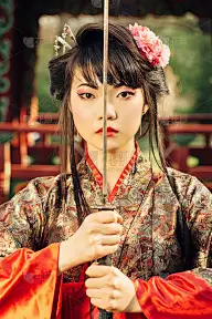 穿着和服和武士刀的漂亮艺妓