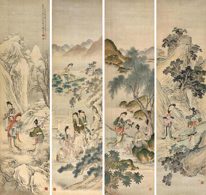 0230十二花仙四幅立轴设色绢本