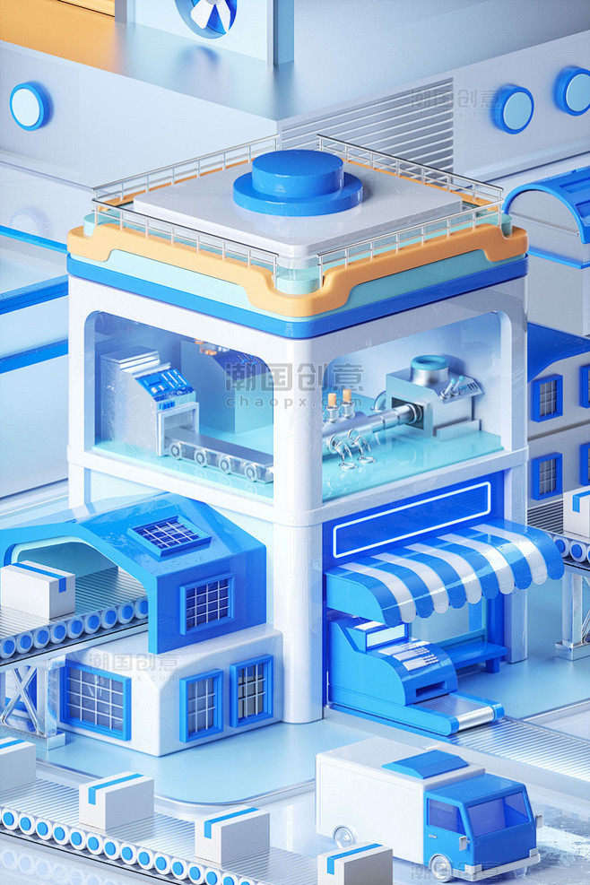  3D立体城市间建筑流水线生产工厂卡通电...