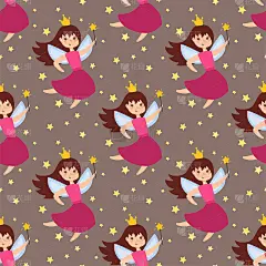 可爱的仙女公主角色无缝图案背景想象美丽天使女孩与翅膀矢量插画