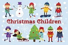 圣诞节的孩子们玩冬季游戏。滑冰，滑雪，拉雪橇，女孩和