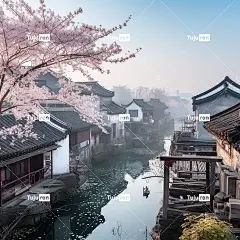 江南水乡，阳光明媚，小桥流水大雾柳树，梅花鸟海报