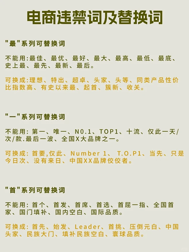 新手做电商一定要知道的违禁词和替代词‼️