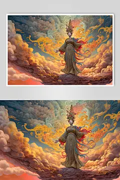 AI数字艺术手绘女孩国潮风孔雀插画