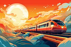 铁路铁轨国潮春运喜庆火车插画