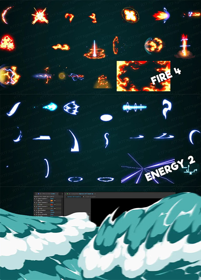 AE二维手绘流体卡通游戏火焰烟雾水流雷电...