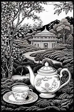 AI数字艺术复古铜版画茶园茶叶插画-众图网