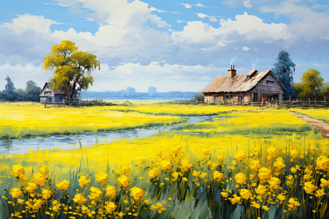 油画风夏日优美花丛小道风景插画