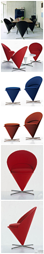 【冰淇淋筒甜蜜座椅】Cone Chair是Verner Panton于1958年创作的经典作品。基于几何图形之上的锥形座椅像个冰淇淋筒，锥形结构被安装在一个不锈钢旋转底盘之上，半圆形的外壳拥有足以支撑背部和手臂的高度。当Cone Chair出现在一家丹麦餐厅后，获得了全球媒体的关注