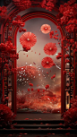 中国新年烟花在红色的背景海报