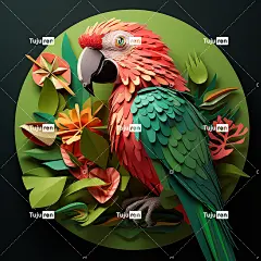 绿叶鹦鹉杂志封面，素描风格，纸雕