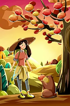 秋天柿子树秋分手绘插画