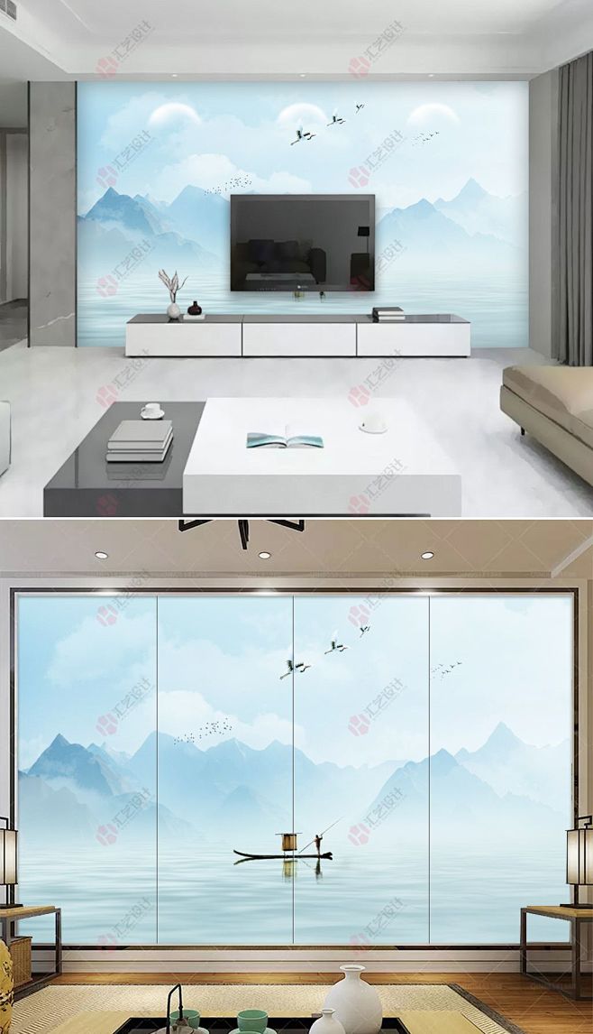 江山多娇新中式山水石纹配套电视背景墙壁画