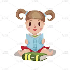 甜美的小女孩坐着看书，教育和知识观念，色彩斑斓的人物矢量插画
