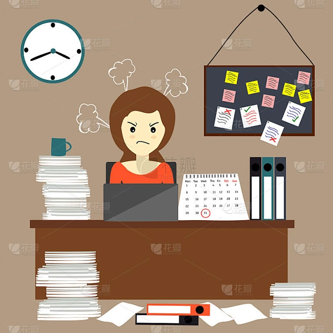 busy and stressed woman working late at workplace,素材-花瓣网