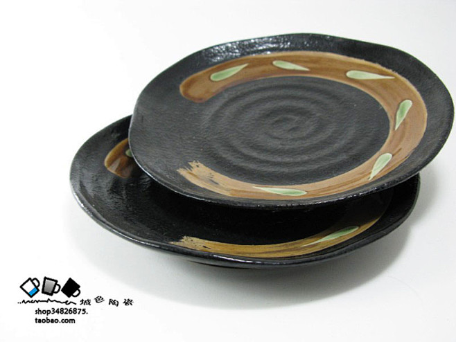 黑色 古朴手工螺纹 日式盘子陶瓷盘寿司盘...