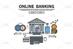直线矢量可编辑图形插图，商业金融概念，网上银行