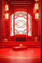 Red oriental oriental room with golden frame and red floor, in the style of luminous 3d objects, playful geometrics, xmaspunk, light red and white, joong keun lee, contest winner, festive atmosphere