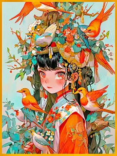 Mi家花鸟|国潮&amp;国风插画|古风女孩