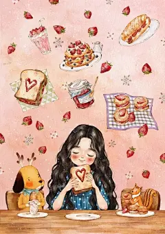【韩国插画家Aeppol 的「森林女孩日记」系列插画欣赏】—— 好吃的草莓酱美食 ~ -大作