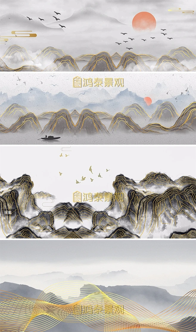 中国古风山水墨画背景PS排版板式景观烫金山水壁画效果图PSD素材-淘宝网-花瓣网