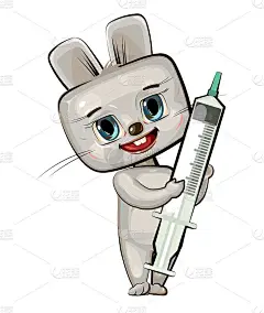 这孩子被注射器注射了。野兔。儿童药物。背景卡通插图的儿童。快乐的动物。药房儿科。平面设计。向量