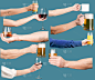 一套女性和男性的手与酒精和非酒精饮料。