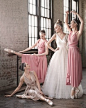 Ballet Inspired Fashion. Leotard-like wrap dresses. "Caprice" ball gown, Amsale; "Ava" headband, Jennifer Behr. Bridesmaid wrap dresses, Twobirds Bridesmaid.