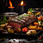 Food photography, grilled beef, grilled vegetables, in a luxurious Michelin kitchen style, studio lighting, depth of field, ultra detailed, UHD 8K