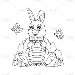 复活节兔子上色和大鸡蛋坐在一起。粉红色卡通兔与红色弓孤立在白色背景上。可爱的小兔子