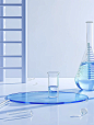 https://s.mj.run/xg6fTKvK89Y A blue minimalist lab scene with a circular transparent stage on the table top. Behind is a test tube filled with liquid, the whole picture is white. Translucent Hydrogen bridge bonding floats in the air, creating a profession