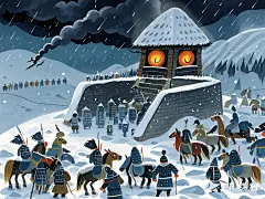 中国经典_三国演义_动画官渡之战_剧本《火焚乌巢》_分镜3：鬼影潜行_场景：曹军轻骑夜袭情感转折：死亡逼近的压迫感提示词：景别：远景_主体特征：黑影般的骑兵队列（马蹄裹布）与沉睡的乌巢哨塔表情动作：战