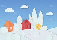 简单的彩色房子的矢量插图放置在最小的树覆盖着雪。冬季圣诞村的硬纸板纸景观。房子，山脉和森林。