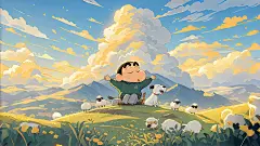 蜡笔小新 可爱小狗 小绵羊 草地 电脑壁纸