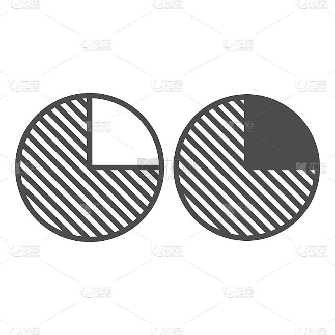 饼图与四分之一分割线和固体图标，图表概念，四分之一圆矢量符号在白色背景上，轮廓风格图标的移动概念和网