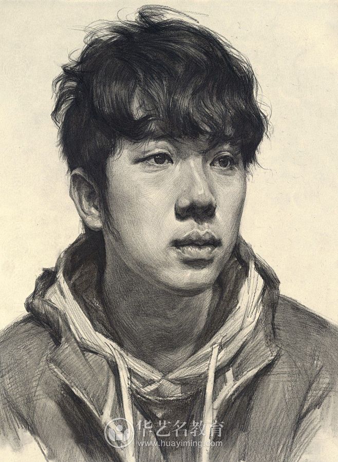 高考美术短发素描男青年头像优秀范画赏析