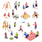 Family playing isometric icons set with parents and children isolated Free Vector