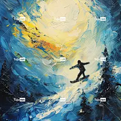 油画，梵高绘画风格，手绘，剪影，滑雪板上的男孩，飞翔的滑板，