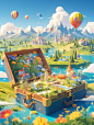 An open suitcase is filled with green grass and a few flowers against a background of green grassland and colorful flowers, bright colors and isometric views and workspace lighting. Balloons and kites were floating in the distance. The sky was blue with w