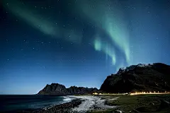 极光, 罗弗敦海, 挪威, 夜, 海滩, 科斯塔, 冬天, 蓝色, 绿色, 北方, 4K壁纸, 蓝色海滩