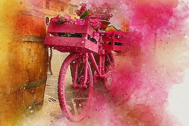 自行车, 鲜花, 艺术, 抽象, 水彩,...